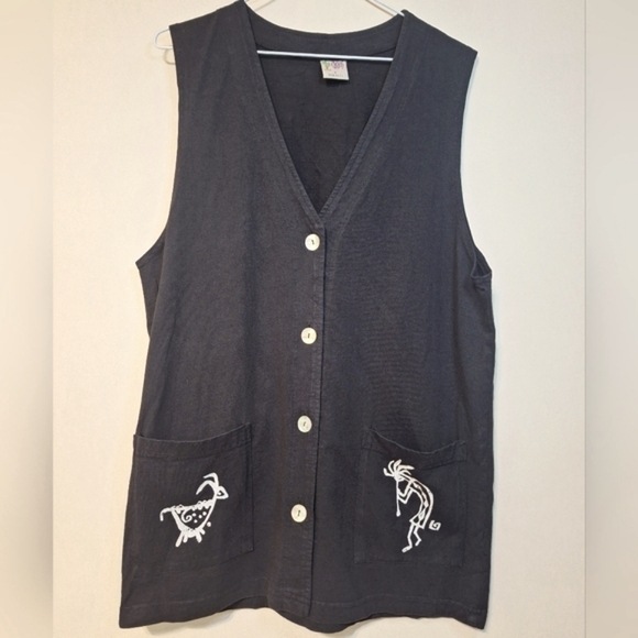🇺🇸 vintage cactus small black button-up vest front back kokopelli graphic - Picture 1 of 7